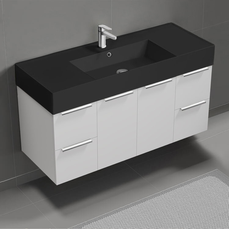 Nameeks DERIN1021 Modern Bathroom Vanity With Black Sink, Wall Mounted, 48 Inch, Glossy White